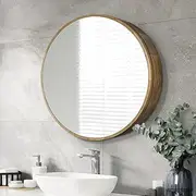 Simplus Round 600MM Bathroom Mirror Cabinet with Glass Door Shower Shaving Cupboard Wall Mounted Medicine Vanity Storage Shelves (Walnut)