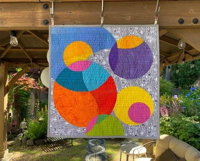 Modern Art Wall Quilt. BUBBLES IN ORBIT Handmade. 23" x 24" Colorful, groovy
