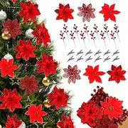 Poinsettias Artificial Christmas Flowers Decorations - 30 Pcs 3 Styles Artificial Red Poinsettia Flowers for Christmas Tree,Artificial Holly Berry Stems Fake Poinsettia with Clips for Outdoor Decor