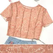 Short-Sleeve Mesh Ruffle Trim Mushroom Print Crop Top Brown - S