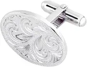 [Select Gifts] Box Set Shirt Tie Bar Slide 53mm Sterling Silver Full Etched Large Oval Cufflinks
