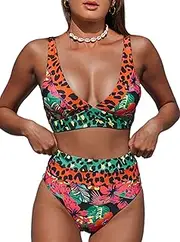 [Hilinker] Women's Leopard Bikini Swimsuits V Neck High Waisted 2 Piece Bathing Suits