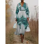 Women's Midi Dress Casual Dress Chiffon Swing Dress Modern Vacation Daily Weekend Regular Fit Tree Long Sleeve V Neck Blue Summer Spring Fall Autumn