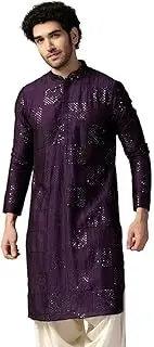 KISAH Men's Kurta, Purple Cotton, Embellished Regular Fit Mandarin Collar Long Sleeves