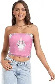 [RPLIFE] Whimsical Unicorn Pink Womens Tube Top, Sleeveless Crop Top, Sheer Tube Tops, Trendy Crop Tops (S)