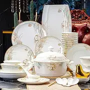 56 Pieces Dinnerware Set, Luxury Modern Porcelain Kitchen Tableware set Ceramics Dinner Dish Rice Bowl Plates Spoon Chopsticks Fish Plate Soup Pot For 10 People, Family Friend Party