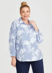 [Virtuelle] Taking Shape Cotton Stripe Floral Shirt Size 16 in Blue / White - Plus Size Women's Clothing Blue / White