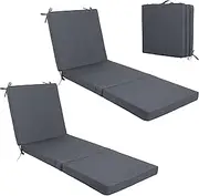 Chaise Lounge Cushions Outdoor Set of 2, Tri-Fold Lounge Chair Cushion with Hook & Loop Fasteners, Water Resistant Patio Furniture Replacement Cushion for Outdoor Pool, 71''L x 23.6''W x 3''T (Grey)
