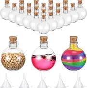 Layhit 24 Pcs Spherical Plastic Potion Bottles Ball Shape Round Bottles 3.4 oz Sand Art Jar with 5 Funnels Decorative ‌container Candy Jar for Valentines Birthday DIY Crafts(Brown,Cork Stopper)