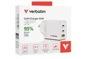Verbatim 3 Port 65 Watt Portable GaN charger, 2 x USB-C PD 65w, 1x USB-A QC 3.0, GNC-65A Compact Design Apple, Android, Samsung, Google, Huawei, Oppo,