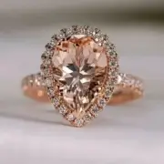 2.60Ct Pear Cut Lab Created Morganite Halo Engagement Ring 14K Rose Gold Plated