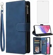 [Asuwish] Compatible with Samsung Galaxy A53 5G 2022 Wallet Case and Tempered Glass Screen Protector Leather Flip Cover Card Holder Cell Phone Cases for Gaxaly A53 G5 Galaxies 53A SM A536U Women Blue