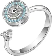 [Generic] Evil Eye Ring - Round Evil Eye Rhinestone Silver Ring - Fashion Adjustable Open Rings, Spinner Inspirations Jewelry for Girls