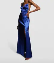 $195 Aidan Mattox Women's Blue Spaghetti-Strap Satin Mermaid Gown Dress Size 8