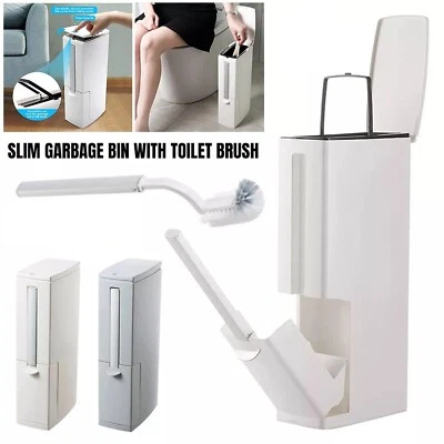 Slim Dustbin Garbage Bin Lid Bathroom Trash Can With Toilet Brush Waste Basket