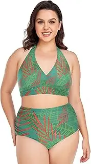 [Caihoyu] Large Size Lady Bikini Tummy Control Bathing Suits High Waisted Bikini Swimwear Jungle Tropical L