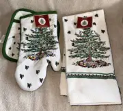 NEW Spode Christmas Tree 3 Kitchen Towels, 1 Oven Mitt & 1 Potholder Holiday 5Pc