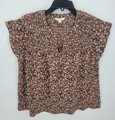 Lucky Brand Top Womens XS Brown Floral Smocked Flutter Sleeve Boho Peasant NWT