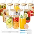 Drinking Glasses with Bamboo Lids and Glass Straw 16oz Can Shaped Glass Cups Bee