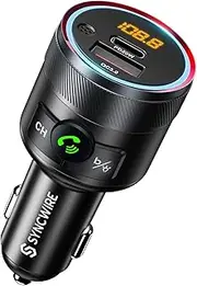 Syncwire Bluetooth 5.1 FM Transmitter for Car, Stronger Microphone & Bass Sound /38W PD&QC3.0 Bluetooth Car Adapter LED Backlit Music Player FM Car Kit with Hands-Free Calling Support USB Drive