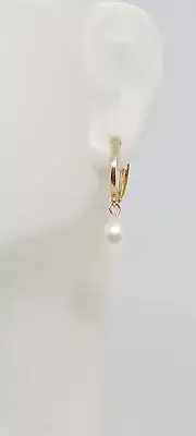WHITE Freshwater Drop Pearl Lever back Earring in 14k Yellow Gold. White Pearl.