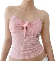 [Best Rose] Pink Halter Top Polka Dot Twist Front Hollow Out Sleeveless Backless Bodycon Cute Sexy Streetwear Top