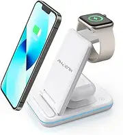 Phoenix 3 in 1 Wireless Charger, 15W Fast Wireless Charging Station for iPhone, AirPods and Apple Watch, Qi Fast Charging Stand Compatible with Samsung, iPhone and All Qi-Enabled Devices (White)