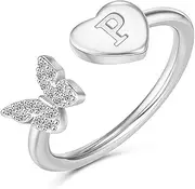 [INENIMARTJ] Initial Rings for Women Teen Girls Stackable Butterfly Initial Letter Rings Crystal Inlaid Capital Alphabet Ring 14k Gold Silver Rose Gold Plated Open Adjustable Initial rings Jewelry Gifts