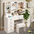 Dressing Table With LED Sliding Makeup Mirror +Cushioned Stool Vanity Desk White