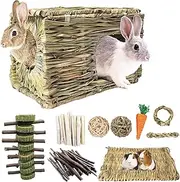 Rabbit Grass House,Natural and Comfortable Hiding Place,Rabbit Bed with Straw Mat,Carrot Chewing Toy,Apple Bark,Grass House for Rabbits,Guinea Pigs,Squirrels,Edible Rabbit Hideaway with Chewing Toys