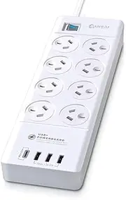 Sansai 8-Way Power Outlet 2400W Surge Protected Board Charger Ports USB-A/USB-C