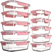 [MINYII] 10 Pack Glass Food Storage Containers with Lids, Meal Prep Pantry Kitchen Storage Containers for Lunch, Leak Proof, Airtight Glass Lunch Bento Boxes for Microwave, Oven, Freezer (10-pink-01)