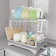 B-Land Dish Drying Rack: 2 Tier Dish Racks for Kitchen Counter - Large Rust Proof Dish Drying Rack with Aluminum - Detachable Dish Drainer Organizer with Utensil Holders Drainboard Silver