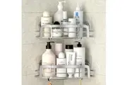 2 Pack Corner Shower Caddy, Stainless steel,Adhesive with 4 movable hooks, Black