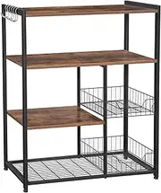 VASAGLE ALINRU Kitchen Baker’s Rack, Industrial Kitchen Shelf with 2 Mesh Baskets and 6 Hooks, Microwave Oven Stand, Rustic Brown UKKS96X