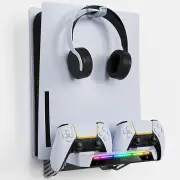 For PS5 Slim Console Charger Wall Mount Holder Headset Hanger with RGB Light Bar