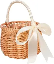 ULTECHNOVO Wicker Flower Girl Basket: Rustic Elegant Wedding Basket With Handle And Ribbon Bow Picnic Hamper Storage Holder Organizer For Outdoor Home Decoration