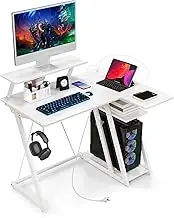Giantex L Shaped Gaming Desk with Outlets & USB Ports, Small Computer Desk with Monitor Shelf, Headphone Hook, Storage Shelf & Host Stand, Corner Gamer Workstation for Home Office (White)