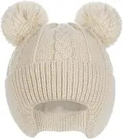 [Creekstone] Baby Beanies Toddler Bobble Hat with Ear Flaps Warm Cute Fleece Lined Kids Winter Hat for Baby Girls Boys