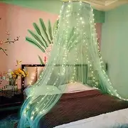 Eimilaly Lace Bed Canopy Mosquito Net with Warm Lights, Princess Bed Canopy for Girls Room Decoration, Green/Single Door