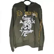 Ed Hardy Skull Crossbone Pullover Sweatshirt hoodie Mens Large Olive Green NWT