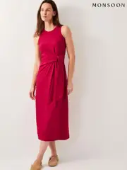 Monsoon Red Sleeveless Tie-Side Column 100% Cotton Midi Dress (W27504) | $173