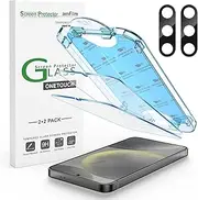 [amFilm] [2+2 Pack] OneTouch Tempered Glass Screen Protector Guard for Samsung Galaxy S24 6.2 Inch with Camera Lens Protector, 9H Hardness, Easy Installation, Bubble Free and Case Friendly.