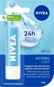 NIVEA Hydro Care Lip Balm SPF 15 4.8g - With Shea Butter & Natural Oils - Long-Lasting Moisture for Dry Lips - Hydrates & Softens - With UV Protection - Lightweight Formula