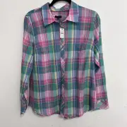 Talbots Pink Green Madras Plaid Cotton ButtonFront Shirt Top Long Sleeve Size M