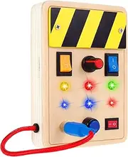 Light Up Switch Board, LED Light Busy Board Play Learning Wooden Montessori Materials, Basic Skills Educational Learning Sensory Busy Driver Board for Toddlers Daily Life Teaching Aids