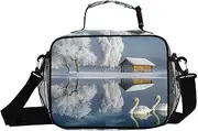 Landscape Swan Winter Insulated Lunch Box for Women Men - Ideal for Work, Picnics - Includes Adjustable Shoulder Strap