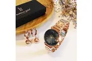 Boxed Black Face Watch & Earrings Set In Rose Gold