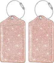 [COCO ROSSI] (Set of 2) Luggage Tag Leather Privacy Cover ID Label Address Card with Stainless Steel Loop, Travel Bag Tags Suitcase Labels, Glitter Rose Gold