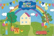 Happy Birthday Backdrop for Boy Girl Pig Theme 7x5ft Durable Fabric - Cartoon Ferris Wheel Rainbow Baby Shower Decorations Photo Studio Photography Background
